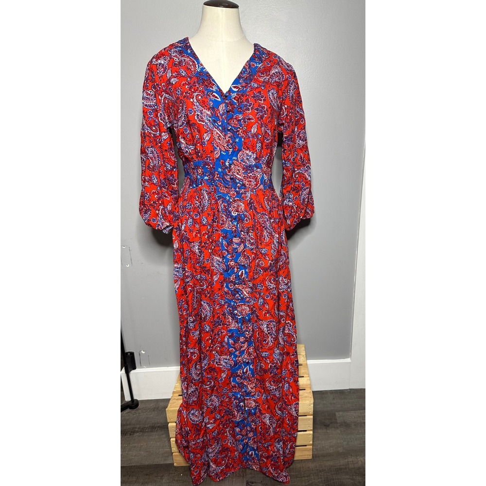Japna Womens Red Blue Paisley Floral V-Neck Button Front Rayon Maxi Dress Size M